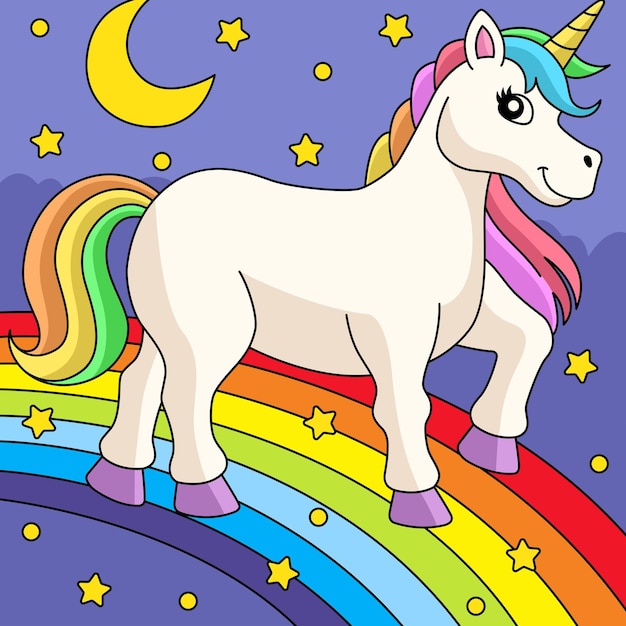 Unicorno che cammina sul fumetto colorato arcobaleno