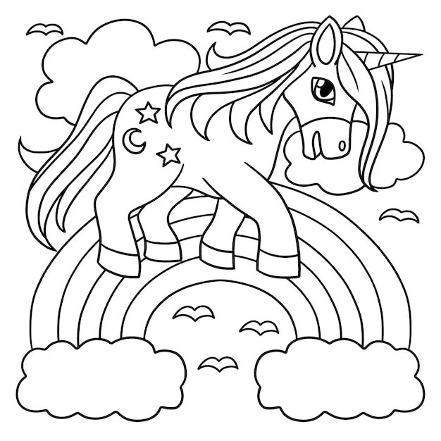 Unicorno che cammina sulla pagina da colorare dell'arcobaleno