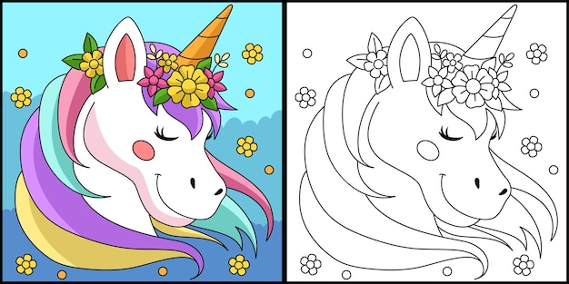 Vector unicorn wearing a flower wreath coloring page