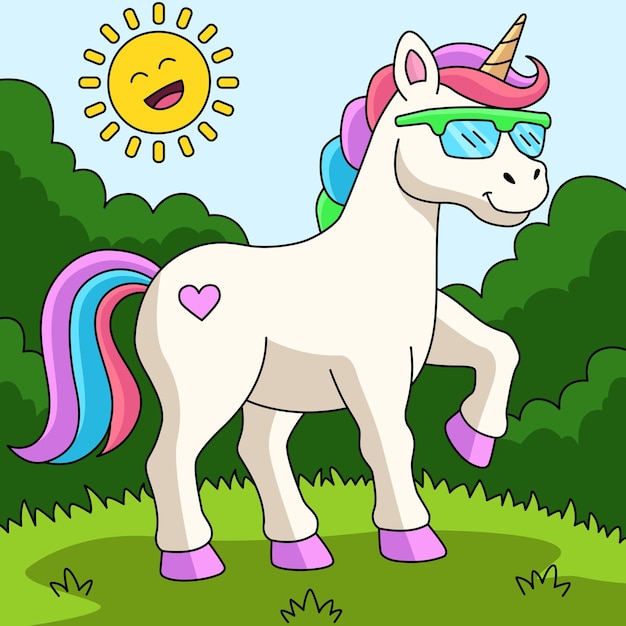 Unicorno che indossa occhiali da sole cartone animato colorato