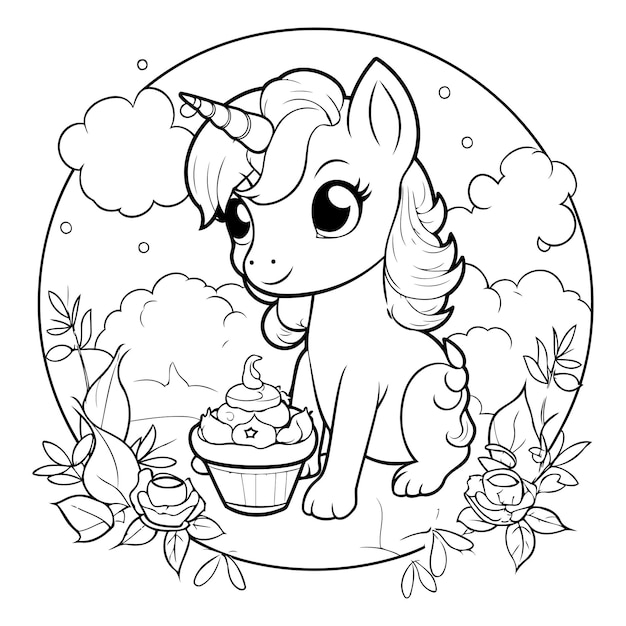 Unicorno con cupcake libro da colorare per adulti