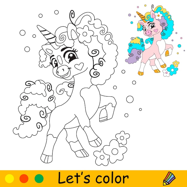 Vector unicorn with curly mane coloring pages for kids