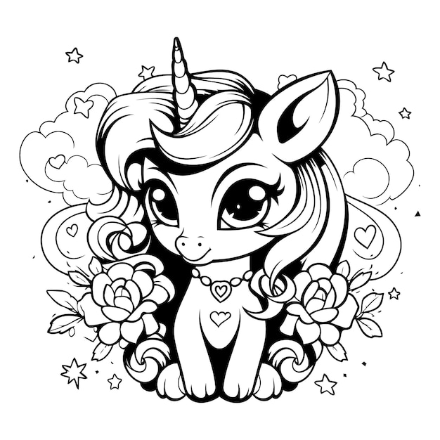 Unicorn with flowers Black and white illustration for coloring book