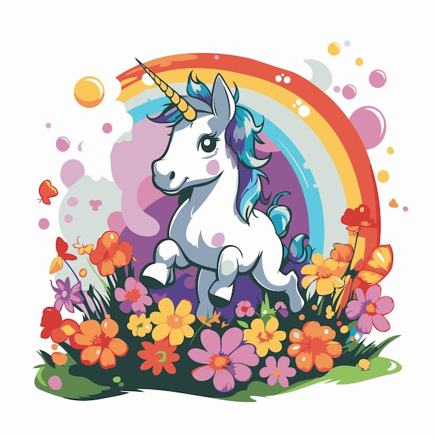 Unicorn with flowers and rainbow Vector illustration in cartoon style