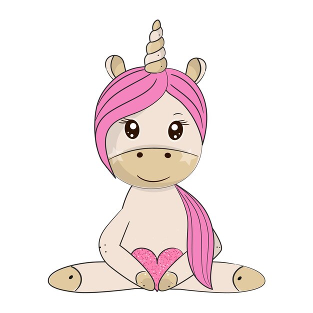 Vector a unicorn with pink hair and a pink heart on its head sits on a white background.