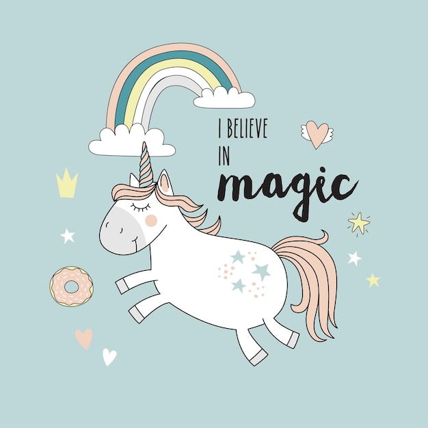 Unicorn with rainbow isolated on blue