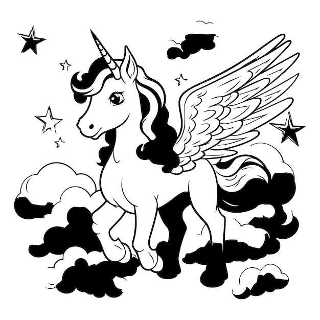 Unicorn with wings and clouds Black and white vector illustration
