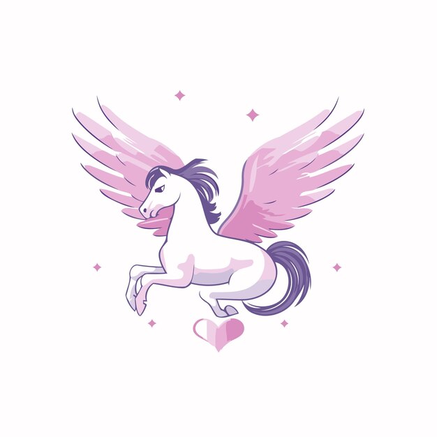 Unicorn with wings and heart Vector illustration on white background