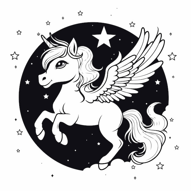 Unicorn with wings and stars Black and white vector illustration