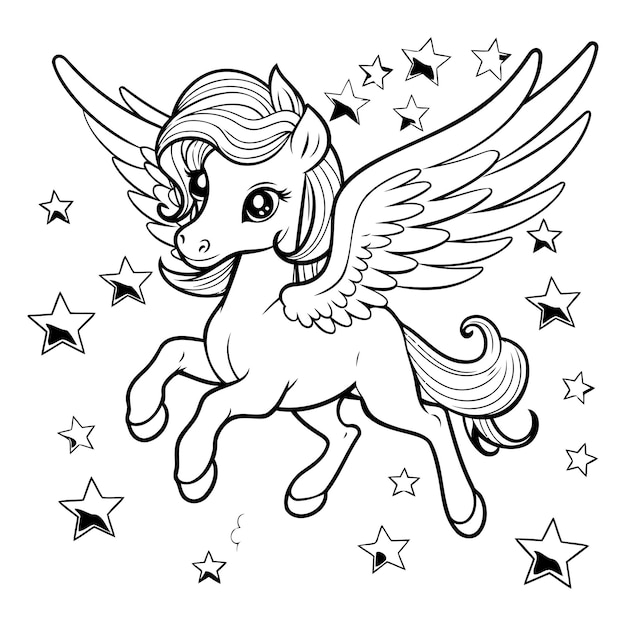 Unicorn with wings and stars Vector illustration for coloring book