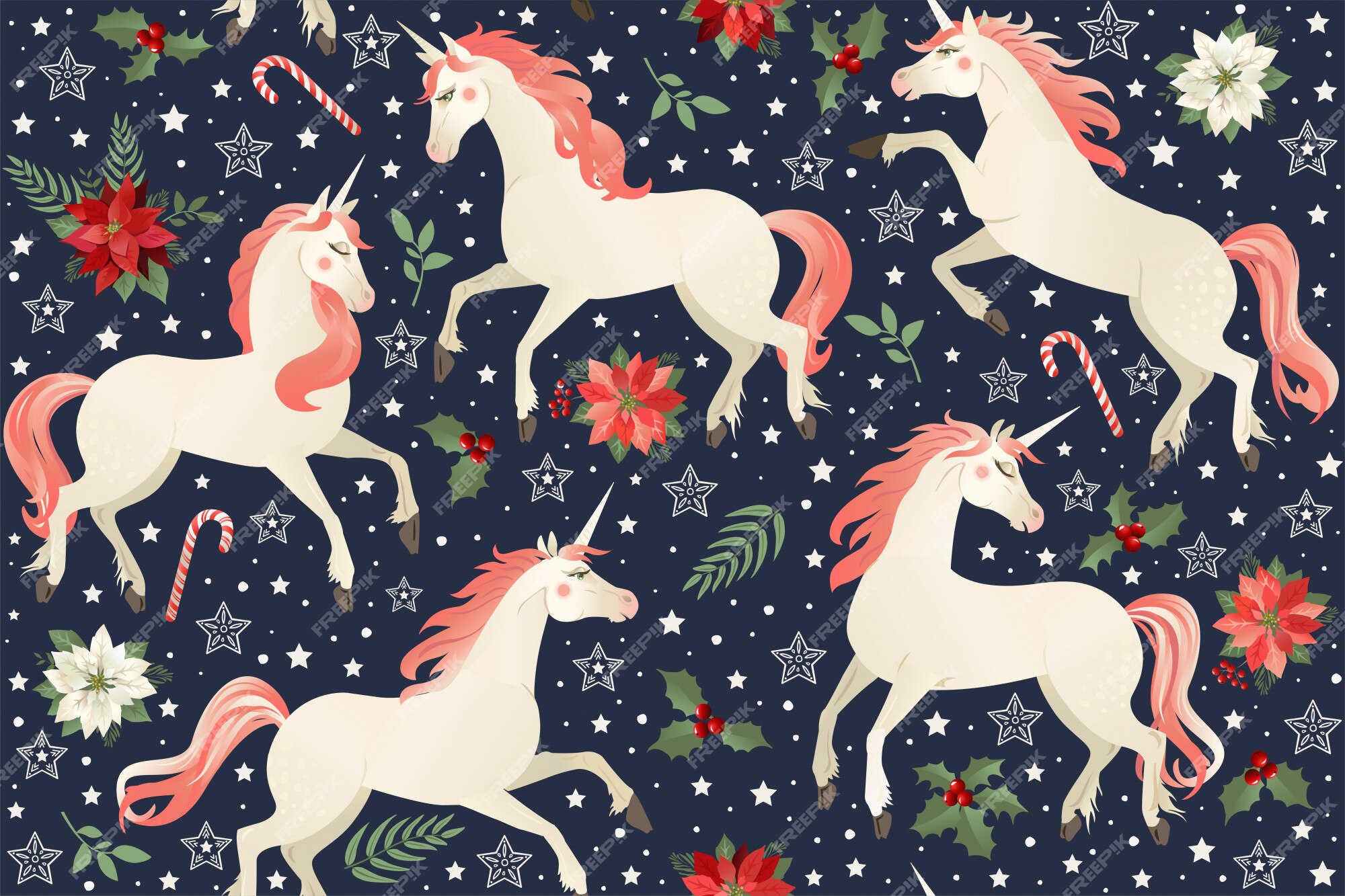 Premium Vector | Unicorns on a christmas floral background ...