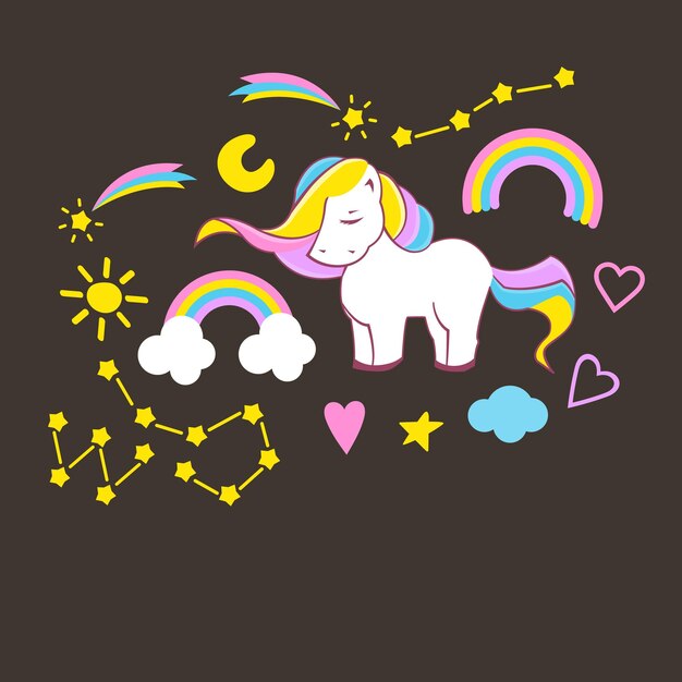 Unicorns collection. Illustration of cute cartoon multi colored Unicorn with rainbow mane. Vector illustration