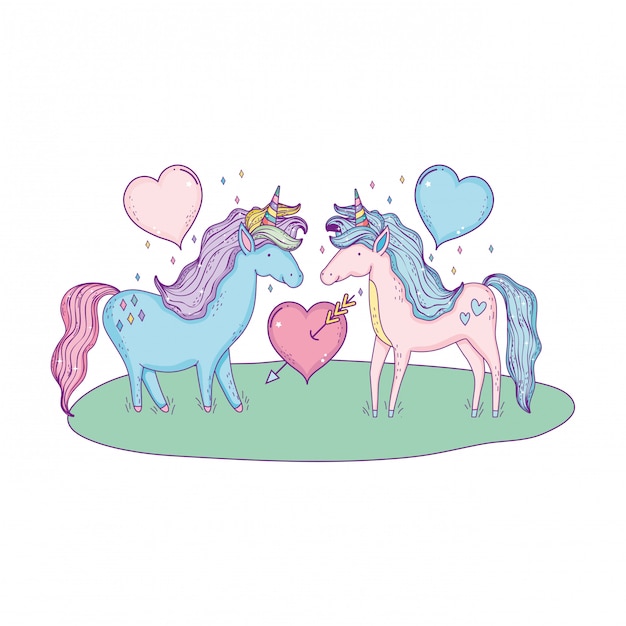 Vector unicorns couple in the landscape characters