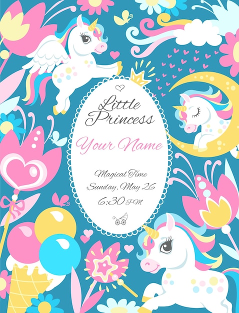 Vector unicorns frame. cute children design. fairy tales baby background. sweet magic horses with horns and wings. birthday card template. funny pony and flowers. invitation cartoon design. vector concept