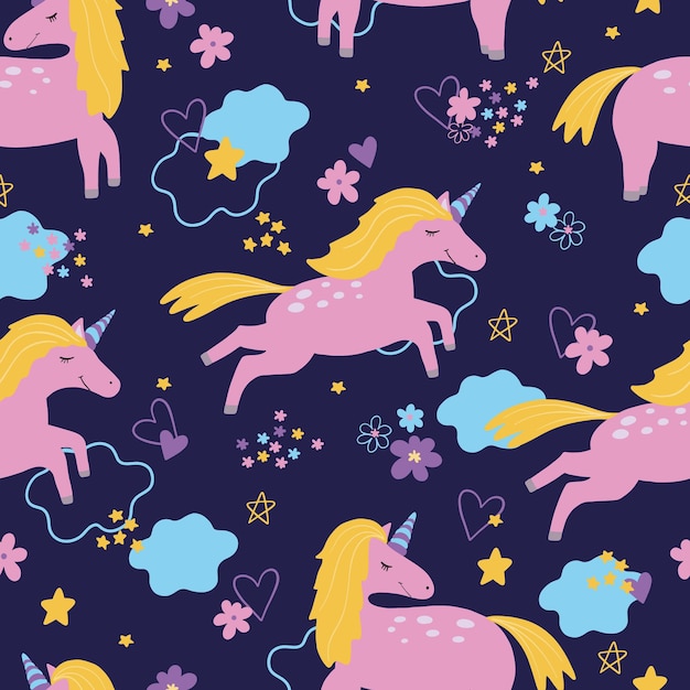 Unicorns jumping night sky seamless pattern