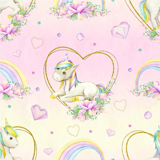 Unicorns magnolia flowers rainbow golden frame crystals Watercolor seamless pattern on a colorful background