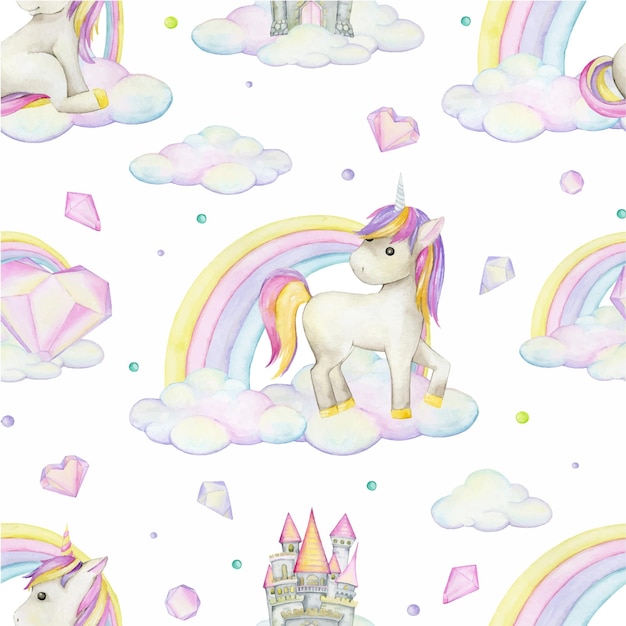 Unicorns rainbow crystals castle clouds Watercolor seamless pattern on an isolated background