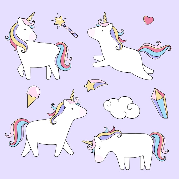 Vettore unicorni set di disegni vettoriali in stile cartone animato cavalli fantastici illustrazioni dell'arcobaleno carino