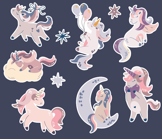 Vector unicorns sticker set. for party, print, baby shower, stickers, card, posters, design, decor, linen, dishes, t-shirt and kids apparel. vector cartoon hand draw illustration.