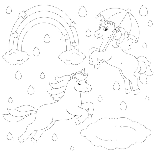 ユニコーンは雨の中を歩く子供のための塗り絵の本のページ