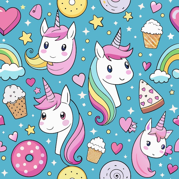 Vector unicorns with rainbows and stars on a blue background