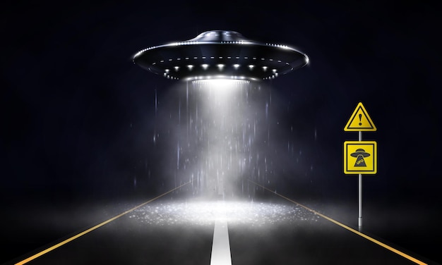 Unidentified flying object over the road. Alien spaceship. Vector illustration