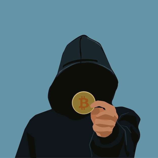 Vettore persona non identificata che detiene bitcoin con giacca con cappuccio