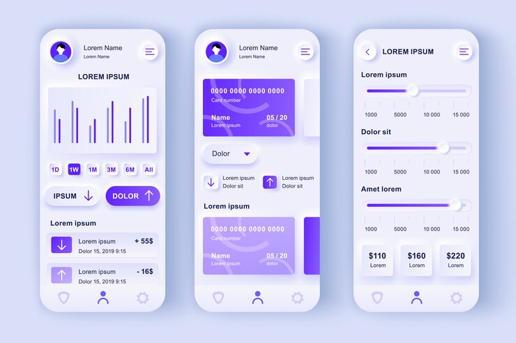 Vector uniek neumorf ontwerppakket voor slim bankieren.