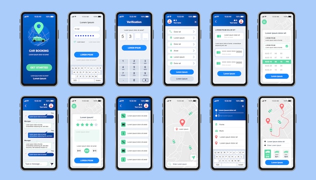 Uniek ontwerppakket voor autodelen voor mobiele app. online bestelschermen voor huurauto's met kaartnavigatie en gebruikersaccountmenu. autoboekingsservice ui, ux-sjabloon ingesteld. gui voor responsieve mobiele applicatie.