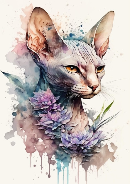 Unieke aquarel Sphinx Cat Art