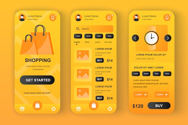 Unieke gele neomorfe winkeloplossing. Shopping-app voor online veiling met foto, beschrijving en prijs. Internetwinkel UI, UX-sjabloon set. GUI voor responsieve mobiele applicatie.