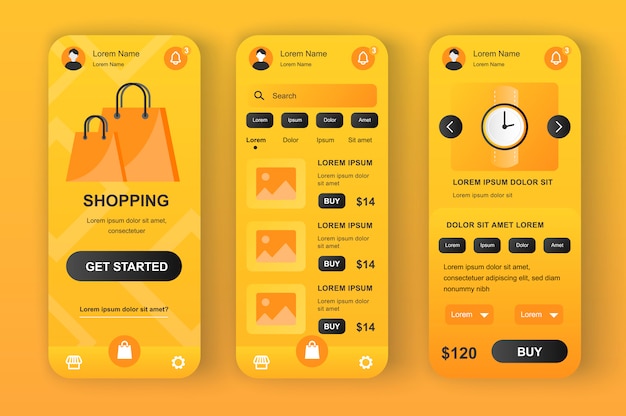 Vector unieke gele neomorfe winkeloplossing. shopping-app voor online veiling met foto, beschrijving en prijs. internetwinkel ui, ux-sjabloon set. gui voor responsieve mobiele applicatie.