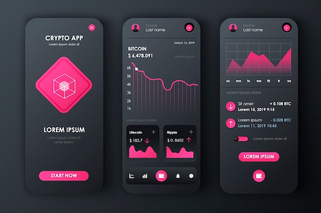 Unieke neomorfe kit voor app voor cryptocurrency. bitcoin-mijnschermen met grafieken en financiële analyses. gebruikersinterface voor cryptocurrency-handelsplatform, ux-sjablonen. gui voor responsieve mobiele applicatie