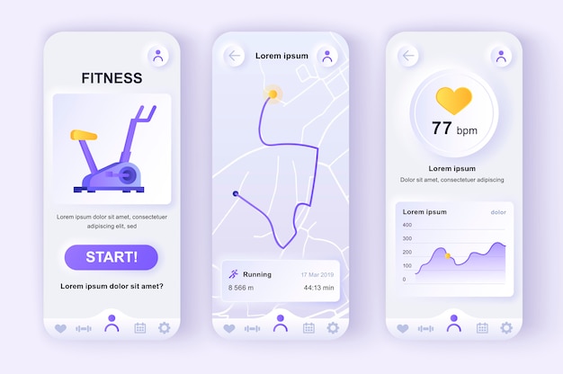 Unieke neumorfe ontwerpset voor fitnessoefeningen voor mobiele app.