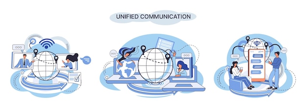 Uniforme communicatie metafoor Personages gebruiken draadloze telefonieverbinding Telecommunicatiesysteem via cloud of netwerk Sociaal media creatief idee Online sociaal netwerk Zakelijke interactie-app