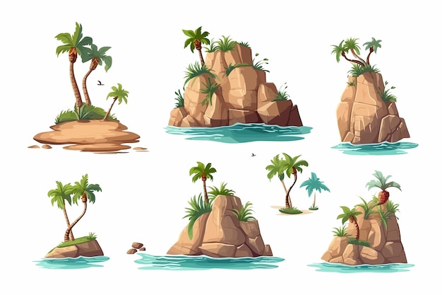 Vector uninhabited tropical isle cartoon scene set isolated on background cartoon vector illustration