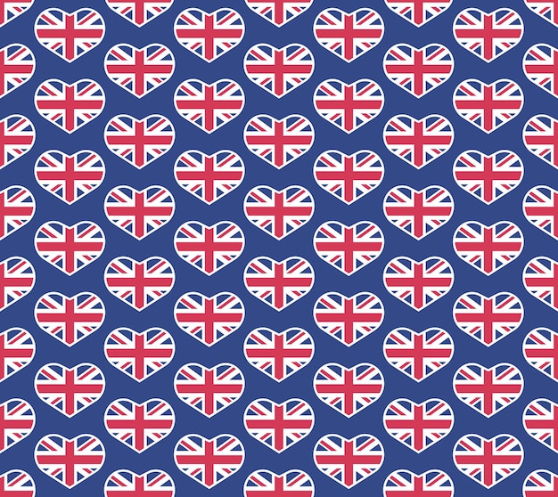 Union jack vlag hart vector naadloze patroon op blauwe achtergrond