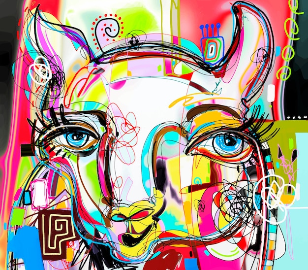 Unique abstract digital art painting of llama portrait