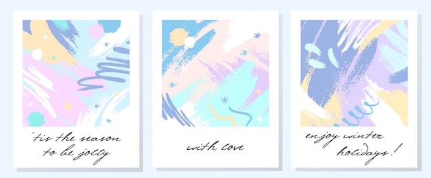 Unique artistic holidays cards with hand drawn shapes and textures in soft pastel colors.