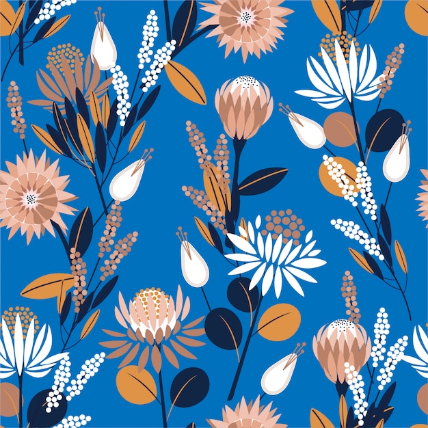 Unique Blooming protea flowers in the garden full of botanical plants seamless pattern in vector design for fashion, wallpaper, wrapping and all prints 