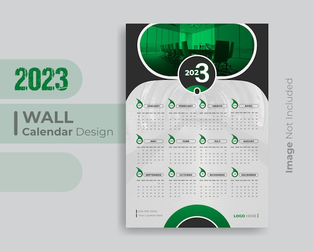 12 か月のユニークな緑の壁カレンダー 2023 テンプレートには、新年のオフィス カレンダー デザインが含まれています。