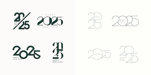 Unique happy new year 2025 design set with unique and latest figures Black and white flat premium design vector