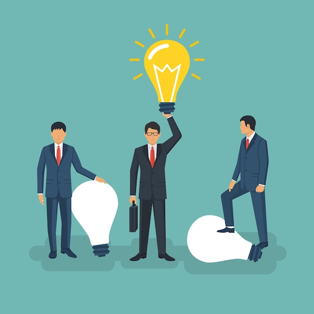 Vector unique idea. businessman holding in hand lightbulb concept. solution innovative technology. vector illustration flat style design. electric lamp as symbol of creativity. outstanding solution, find.