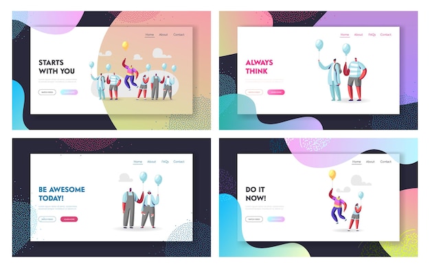 Unique Landing Page Template Set. Male Character in Colorful Rainbow Clothes Flying on Balloon above Crowd of Identical People in Blue Shirts. Outstanding Individuality. Cartoon Vector Illustration