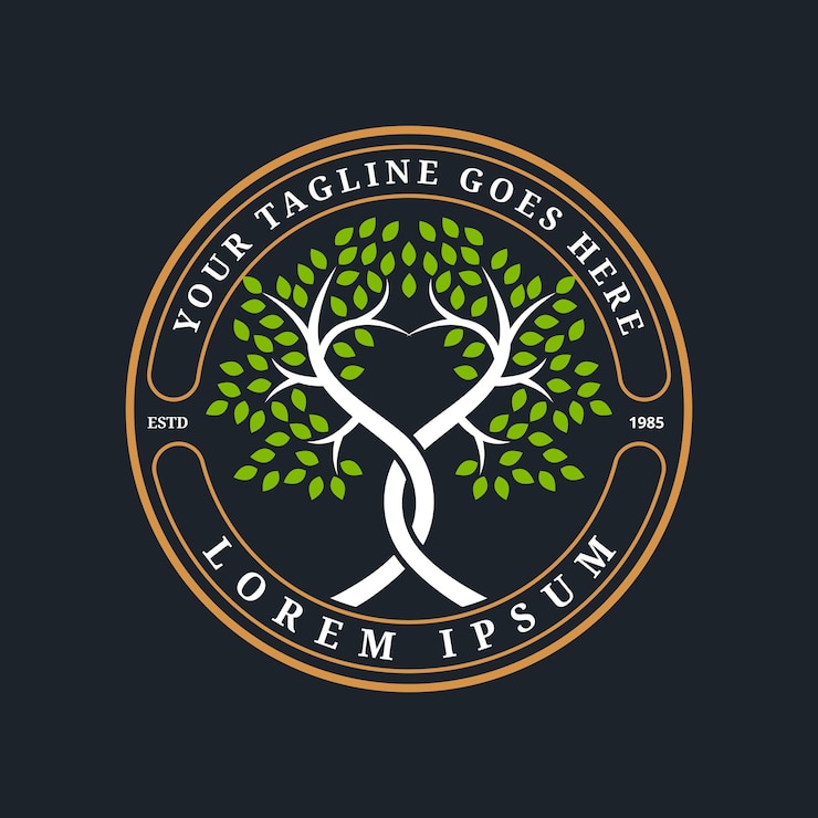 Vector a unique logo featuring two trees with trunks curled into a heart surrounded by a circle with vintage elements suitable for businesses in the health and fitness sector