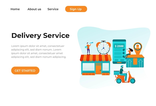 ウェブサイトとモバイルウェブサイトのためのデリバリーサービスのユニークでモダンなフラットデザインコンセプト