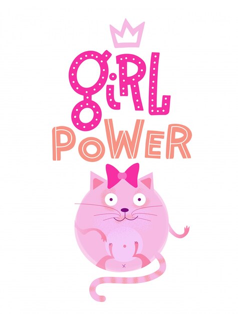 Vector unique nursery kid poster with handdrawn round cat with a bow with cut letters inspiration quote 'girl power'