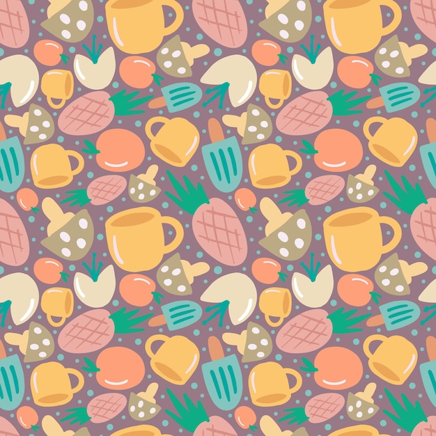 Unique pattern of food and cup hand drawing with icons and design elements