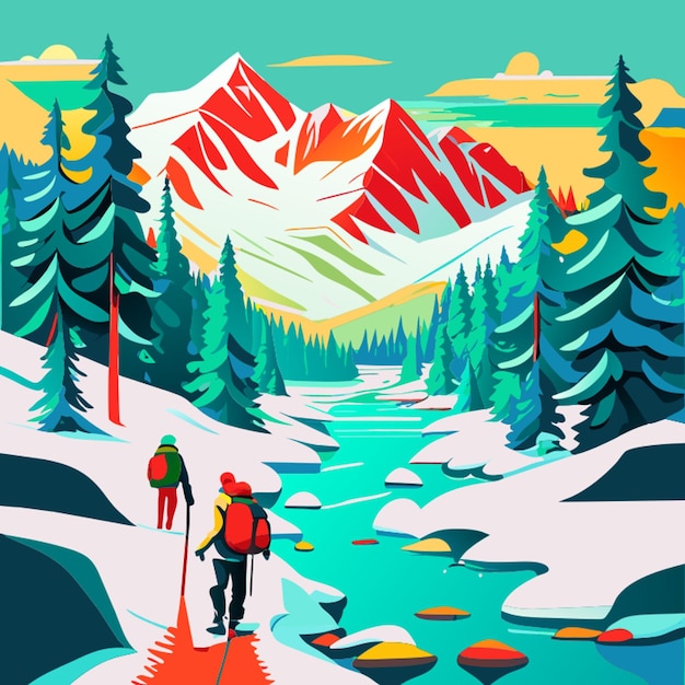 Vector unique snow trekking side by the river vector illustration