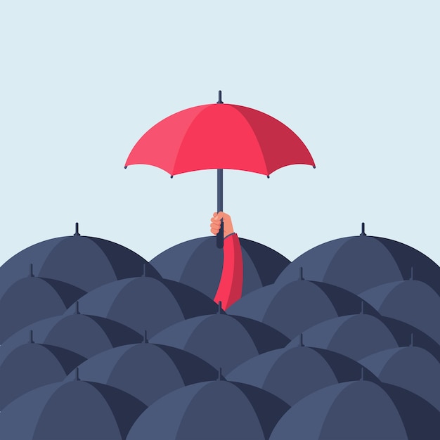 Uniqueness and individuality. man holding a red umbrella among people with black umbrellas. standing out from the crowd.difference concept. vector illustration flat design. isolated on background.